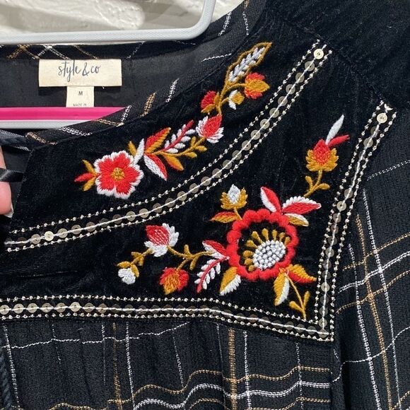 STYLE & CO holiday muse fanatic plaid floral embroidered boho top size Medium - Picture 4 of 8